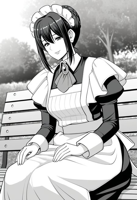 1girl, solo, <lora:Misato Kanako [Illustrious] Maid no Oshigoto:1>, MisatoKanako, hair bun, hairclip, earrings, maid headdress, brooch, ascot, dress, juliet sleeves, long sleeves, maid apron, smile, detailed eyes, detailed body, detailed lips, outdoors, park, on bench, hands on own knees, sunlight, depth of field, newest, scenery, volumetric lighting, dynamic pose, monochrome, greyscale