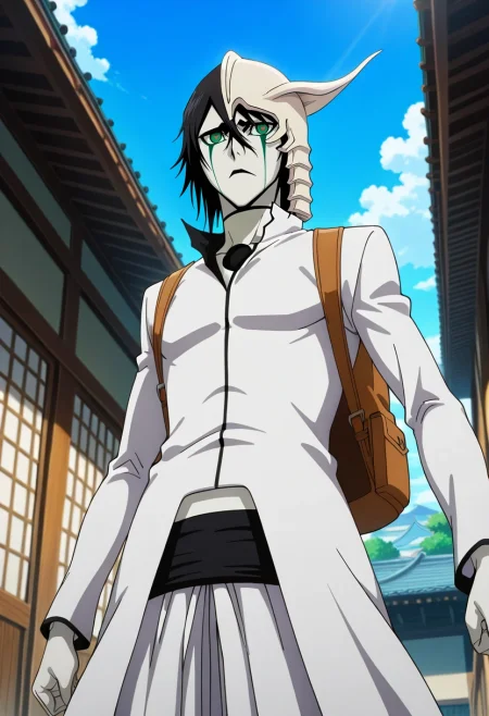 masterpiece, best quality, intricate details, anime screencap, , official style, , , 1boy, solo, male focus, <lora:ulquiorra_cifer_ilxl:0.96>, ulquiorra_cifer, black hair, green eyes, facial mark, hair between eyes, arrancar, mask, short hair, from below, town, japanese architecture, day, floating, heart eyes, Woven joggers, Fair Isle Cargo shirt, , , Backpack