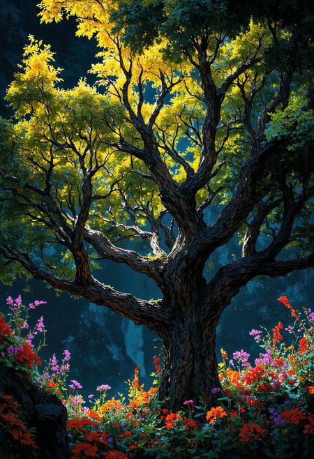Backlight, Raindow vibrant theme, abstract anime paint art of a beautiful tree , vibrant colors, Makato shinkai anime style, translucent, by Jesper Ejsing, by RHADS, Makoto Shinkai,