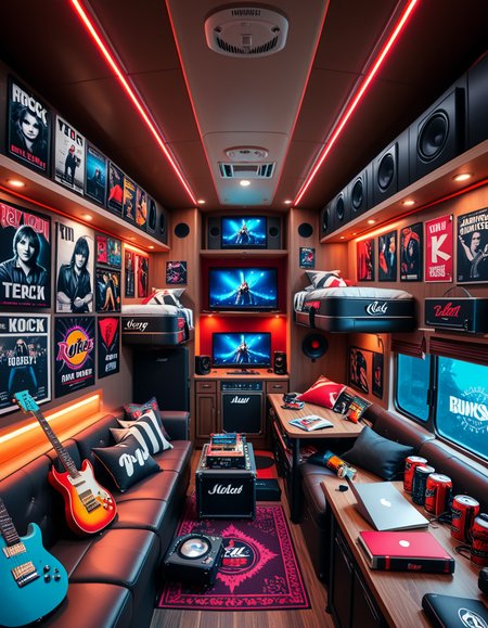 The interior of a modern RV customized for a rock band on tour. The space is stylish and lived-in, filled with musical gear like guitar cases, amps, and a drum pad. Posters of famous rock bands and tour memorabilia cover the walls. There are leather couches, a small kitchenette with snacks and energy drinks, and a cluttered table with laptops, cables, and setlists. A narrow hallway leads to sleeping bunks with personal items like headphones, books, and clothes tossed around. The lighting is warm with LED strips in red and purple tones, giving it a cozy but edgy atmosphere. A small TV displays concert footage, and speakers are mounted on the ceiling. The whole scene feels energetic, artistic, and chaotic in a creative way. Realistic style, rich colors, and highly detailed environment.
<lora:SDXLFaeTastic2400:0.4> <lora:extremely_detailed:0.4> extremely detailed <lora:r0ck_b4nd_rv:1>r0ck b4nd rv, Masterpiece,best quality,hi res,8k,hi res,8k,award winning,(sharp focus, intricate, highly detailed),