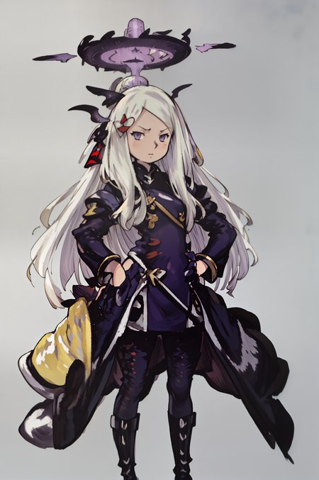 (Yoshida_Akihiko_PonyXL_style_v02.10.01:1.0), solo, 1girl, (chibi:0.3), gray background, halo, hina, hands on hips, puple eyes, low wings, (Bravely Default Style), yoshida akihiko, purple eyes, <lora:pony\char\game\ba\hina.pony.safetensors>, <lora:pony\style\Yoshida_Akihiko_PonyXL_style_v02.10.01.safetensors>, <lora:styles\yoshida_akihiko_offset.safetensors>, <lora:styles\BravelyDefault.safetensors>, <checkpoint:[Pony] ponyRealism_v21MainVAE.safetensors>, <checkpoint:[SD15] tfmCutesyAnime2_genesis.safetensors>