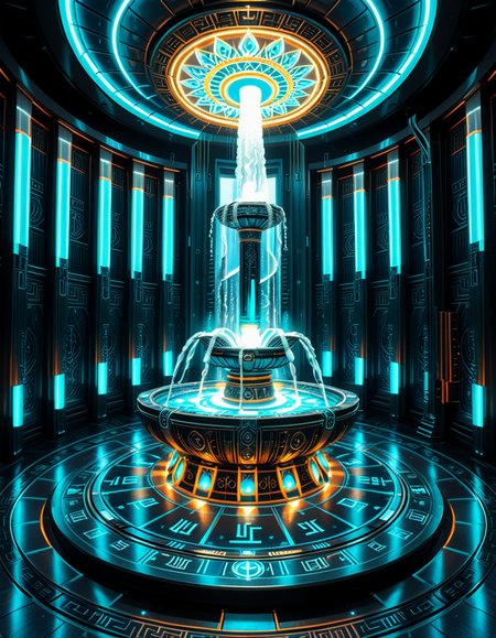 The center of a high-tech, alien temple-laboratory, where dark metallic walls shimmer under the glow of cyan vertical light tubes and faint sacred runes. In the middle of the chamber lies an elaborate biomechanical fountain, rising like an altar from a circular platform of engraved metal. The fountain pulses with iridescent liquid light, flowing in gravity-defying streams that spiral upward before cascading back into a glowing basin etched with ritual patterns. Bioluminescent veins run through the structure, illuminating the surrounding floor like circuitry. Overhead, a radiant, halo-like design casts a celestial glow, enhancing the surreal, sanctified atmosphere. The space exudes a fusion of sacred ceremony and alien technology, as if the fountain were a source of divine power worshipped by another world.
<lora:high-tech_alien_temple_f0unt41n:1>,high-tech alien temple f0unt41n,<lora:SDXLFaeTastic2400:0.4> <lora:extremely_detailed:0.4> extremely detailed, Masterpiece,best quality,hi res,8k,hi res,8k,award winning,(sharp focus, intricate, highly detailed),