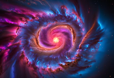 a dynamic and breathtaking image of the universe with vibrant colors and dramatic lighting. Show a swirling nebula in the foreground with bright, intense hues of blue, purple, and pink. In the background, depict a distant galaxy with spiraling arms and scattered stars. Include a supernova explosion, radiating brilliant light, and a mesmerizing black hole at the center, with cosmic debris swirling around it. Add a hint of distant planets and asteroids to create a sense of scale and depth. Make the entire scene feel alive and constantly in motion.