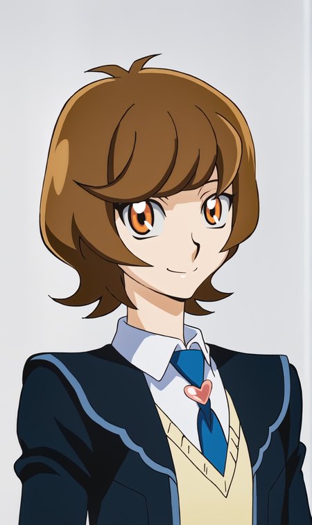 SZ, 1girl, solo, brown hair, short hair, orange eyes, school uniform, dark blue blazer, collared shirt, sweater vest, blue necktie, heart brooch, portrait, looking at viewer, smile, simple background, white background,  <lora:Skye Zaizen Pony XL:1>