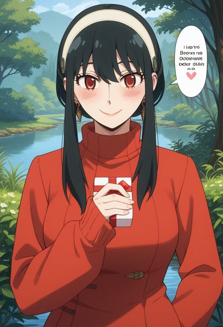score_9, score_8_up, score_7_up, source_anime,  
BREAK,
happy and in love, gentle smile, looking at viewer, Expressiveh, yor briar, black hair, red eyes, sidelocks, hairband, short hair with long locks, white hairband, medium breasts, dress, long sleeves, red sweater, sweater, sweater dress, 1girl, solo, wide hips, blush, text bubble, hearts, 
standing, standing straight, one hand on hip, upper body, portrait, holding a heart-shaped gift box, 
day, in a fantasy forest near a lake,