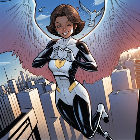 f42ky, 1girl, bodysuit, short hair, brown eyes, brown hair, flying, smile, wings, sky, clouds, looking at viewer, wink, heart hands, city skyline, bird, <lora:F42kyV2:1>  <lora:Anime Summer Night Style SDXL_LoRA_Pony Diffusion V6 XL:0.3>