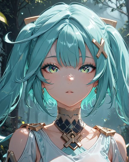 <lora:TCD:1>
<lora:xl_more_art-full_v1:0.4>
<lora:aidmaMJ6.1_v0.5_IL:0.8> aidmaMJ6.1
(masterpiece, best quality), amazing quality, very aesthetic, absurdres, highres, newest, HDR, 8K, high detail
faruzan_(genshin_impact), genshin_impact, 1girl, aqua_hair, symbol-shaped_pupils
dynamic pose, dramatic light, portrait
A forest where the trees appear to writhe and the wind carries the sound of screams.  
<lora:NSFWFilter_illusXL_Incrs_v1:-1>
 <lora:ck-yoneyama-mai-IL:0.85> ckym, in the style of ckym,