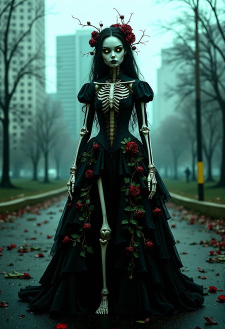 A female character with a porcelain doll-like face and glowing green eyes, dressed in a gothic Victorian gown adorned with roses and vines. Her mechanical skeletal features are intricately detailed with floral patterns. She stands in a dimly lit city park, with the eerie fog and a backdrop of modern skyscrapers, broken asphalt, and scattered debris adding to the haunting atmosphere. The scene is captured in a masterpiece composition with extreme realism, enhanced by a 35mm camera filter.







