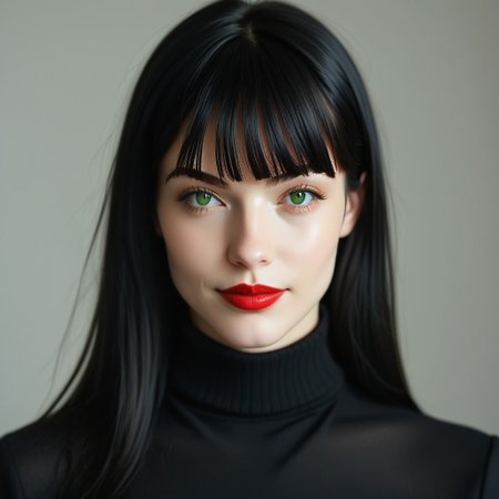 portrait, light makeup, neoteny, 18 years old, soft jaw, puffy mouth, large eyes, perfect yes, tertleneck black shirt, skinny , narrow face, european, face close up, 1girl, solo, black hair, fringe, long hair, glossy red lipstick, lips, looking at viewer, realistic, grey background, smirking, simple background, face, green  eyes, upper body, eyelashes, close-up, nose, eyebrows, indoors, bright lighting, artistic shot