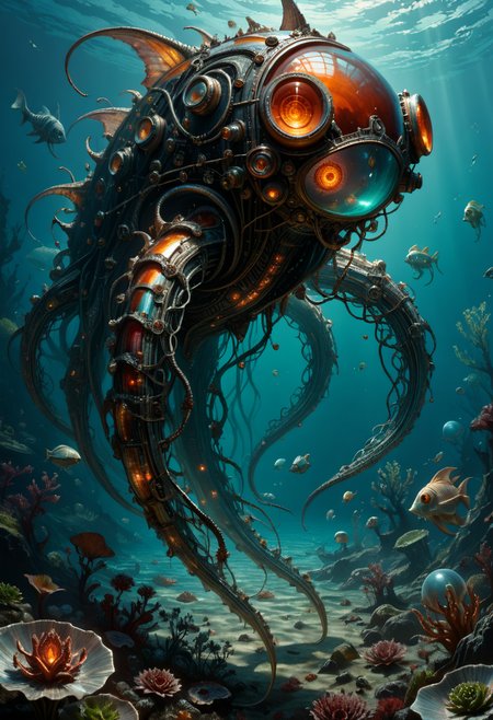 score_9, score_8_up, score_7_up, score_6_up, detailed CGI art, biopunk landscape, massive leviathan, deep-sea features, bio-engineered enhancements, slick scaled body, metallic implants, glowing fluorescent tubes, jagged fins, toxic gas vents, eerie underwater environment, bioluminescent flora, haunting depths, fusion of nature and biotechnology, awe-inspiring, terrifying atmosphere
