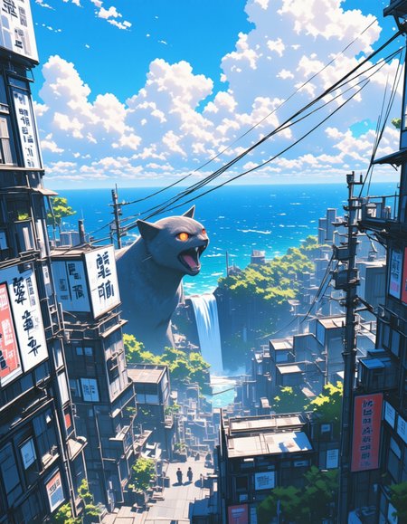 <lora:CWWalls1fluxb:1> wabkg, animation world, animation style. In a town by the sea, on the surface of buildings walls there are some kanji billboards. Day with blue sky and many white clouds. Kanji. From above the shoulder view. From side. Vegetation. People. Electric poles and wires. Beautiful blue sea scenery in the distance. Downside view. T10, waterfall, waves, fire bubbles, bokeh, HID16, giant cat, open jaw, glowing eyes, furious, claws, enormous, huge,