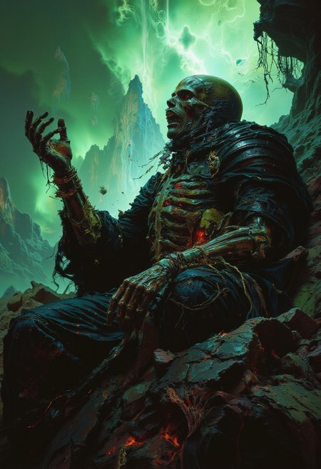detailed photorealistic image, close up of skeleton warrior raising, skeleton body, rusted torn armour, swirling  necrotic   glitched green magic energy, night, twisted woods, tundra, aurora borealis ,  directional lighting, masterpiece, perfect composition, ,drkfnts style
