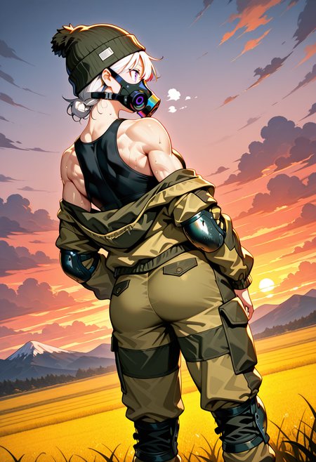 masterpiece, best quality, Graphic Design, color art, vibrant colors, colorful, intricate details, high contrast, detailed background, beautiful detailed, beautiful face, detailed eyes, detailed face, new, newest, 1girl, solo, g0rk4, military uniform, jacket, pants, camouflage, cowboy shot, field, dynamic pose, mountain, gas mask, beanie, knee pads, evening, sunset, cloudy, dutch angle, profile, open jacket, off shoulder, sweat, from behind, bare shoulders, muscular,