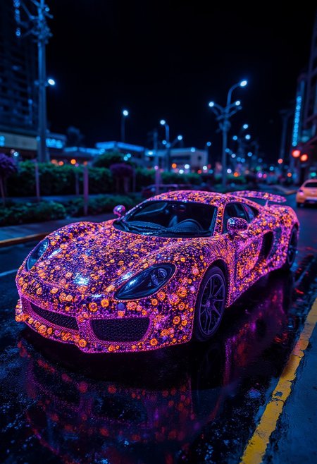a supercar covered in neon mold, city background, nightlife setting, contrast