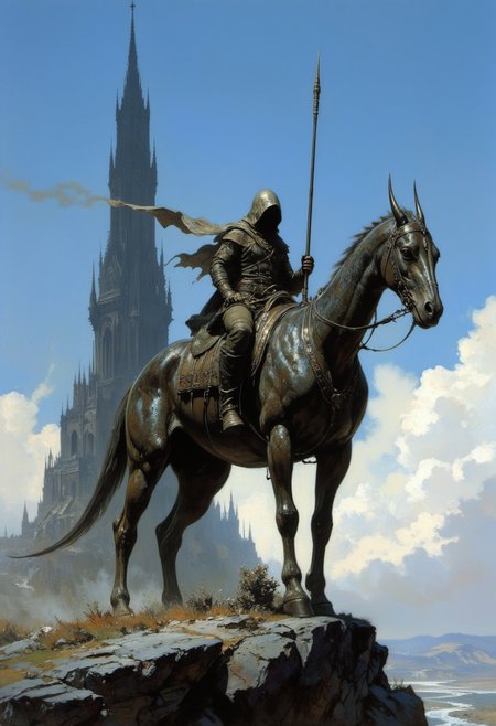 This is a high-quality painting, showcasing a dark, fantastical scene. A hooded figure in tattered robes rides a gargantuan skeletal, mechanical horse-dinosaur atop a jagged rock. The background features a towering, gothic spire against a clear, blue sky with scattered clouds. The image has a very high subjective aesthetic quality, with intricate details and a rich color palette. The lighting is dramatic enhancing the enigmatic scene and the eerie, in mysterious haze drenched atmosphere. Finest details, ultimate detail level, masterpiece, highly artistic, best composition.