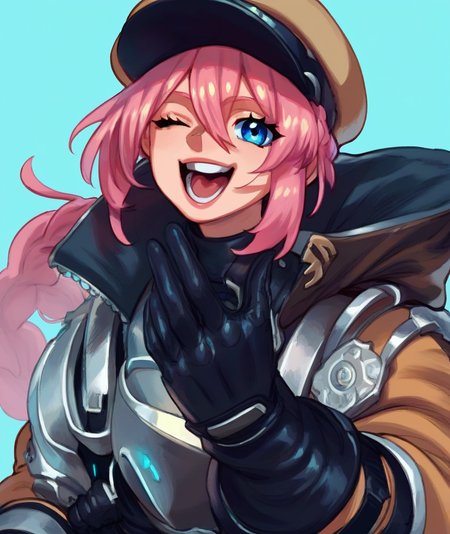 score_8_up. score_7_up,<lora:eigdraws:1>,
 score_9, source_anime, eigdraws, 1girl,solo,long hair,looking at viewer,smile,open mouth,bangs,blue eyes,simple background,gloves,hat,hair between eyes,jacket,upper body,pink hair,braid,one eye closed,teeth,black gloves,shiny,armor,shiny hair,official alternate costume,blue background,brown headwear
