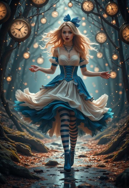 Create a captivating fantasy portrait of a woman inspired by ‘Alice in Wonderland’. She features a fair complexion and her long, wavy, shiny blonde hair is adorned with a fanciful blue headband. The makeup is dramatic, with black shadows highlighting her eyes and lips in a deep burgundy, accentuating her magical essence. She wears a flowing Victorian dress with a fitted light blue bodice, puffed sleeves and a layered ruffled skirt combining elegant white and blue. Her stockings are horizontally striped in blue and white, and she wears blue high-heeled boots with delicate laces. The figure walks energetically towards the viewer, surrounded by Salvador Dali-style floating clocks, lending a surreal atmosphere. The scene glows with soft light, illuminated by golden fireflies that add a touch of mystery and allure. Emphasize intricate details and textures, ensuring a hyper-realistic, cinematic quality. Bring a digital masterpiece to life in high resolution (4K, 8K, HDR), capturing the essence of fantasy aesthetics, elaborate patterns and a mesmerizing surreal play of light and shadow.aidmaMJ6.1,aidmaimageupgrader,Midjourney_Whisper