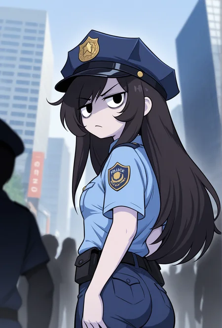 masterpiece,best quality,amazing quality, <lora:rosemary_cabronpr_noob_vpred_v1.1f:0.7> rosemary, 1girl, solo, black eyes, no nose, long hair, bags under eyes, v-shaped eyebrows, jitome, police hat, looking at viewer, BREAK
(depth of field:1.3), police woman, police uniform, city, people, silhouette, low angle, <lora:glacierclear_style_illustrious_v1.4f:0.6> gclearstyle