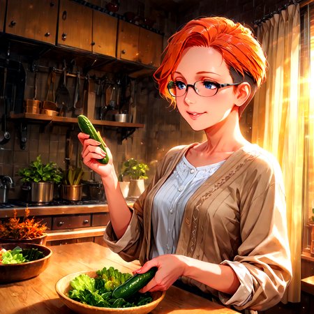 A short, slender, mature, middle-aged woman in her upper 40s, exuding natural beauty with caramel-orange hair styled in a chic, very short undercut. Her dark blue eyes are accentuated by stylish glasses that reflect the warm glow of the setting sun. A playful smile graces her lips as she gazes at the camera with a hint of amusement in her eyes, capturing the essence of lighthearted humor. She is dressed in a casual yet proper linen blouse with rolled sleeves, embodying cozy elegance. The setting is her inviting, warm rustic kitchen, adorned with soft curtains and potted herbs, which adds to the cozy atmosphere. The woman is in the midst of preparing dinner, specifically a salad, standing at a wooden kitchen counter that matches the room's golden hues, courtesy of the soft vignette created by the sun's last rays. Her relaxed posture and natural expressiveness reveal an innocent curiosity as she holds a cucumber at an unexpected angle, contributing to the quirky reaction that the moment seems to demand. The room is bathed in a painterly warmth from the evening sun, casting soft shadows that enhance the cinematic quality of the scene. The image is a masterpiece of detail and soft shading, with warm natural lighting that adds depth and character to the woman and her surroundings, making the entire scene appear as if it has been pulled straight from the canvas of a skilled artist. The overall ambiance is one of a perfect blend of comfort and whimsy, a snapshot of a delightful evening spent in the embrace of a home that truly feels like a haven.

(1girl, woman, 40s, middle-aged, slender, small breasts, natural beauty:1.3)
(caramel-orange hair, very short hair, undercut, stylish glasses, dark blue eyes, amused smile, playful gaze:1.2)
(casual yet proper, linen blouse, rolled sleeves, cozy elegance:1.3)
(holding cucumber, funny moment, lighthearted humor, quirky reaction, innocent curiosity:1.5)
(preparing dinner, making salad, wooden kitchen counter, warm rustic kitchen, cozy atmosphere:1.3)
(potted herbs, soft curtains, warm glowing light, evening kitchen, inviting ambiance:1.3)
(setting sun, golden hues, soft vignette, cinematic warmth, dreamlike glow:1.4)
(relaxed posture, natural expressiveness, soft shadows, painterly detail:1.3)
(masterpiece, highly detailed, soft shading, painterly rendering, warm natural lighting),
(balanced lighting, soft shadows, well-exposed highlights, matte skin, realistic skin texture, subtle pores, soft complexion, no specular highlights:1.3),

(general, absurdres, newest, ambient occlusion, raytracing),

