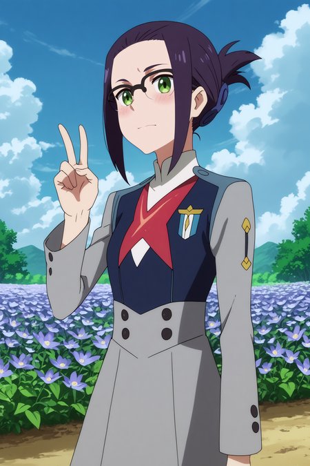  ikuno,1girl,solo,glasses,short hair,uniform,military_uniform,military,folded ponytail,v sign BREAK outdoors,blue sky,cloudy_sky,purple flower,flower field,tree  <lora:Ikuno_-_Darling_in_the_franxx.safetensors:0.8> <lora:detailed_backgrounds_v2.safetensors:0.5>