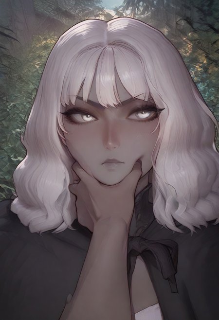 anime artwork, score_9, score_8_up, score_7_up, score_6_up, score_5_up, drowsinue, grey corset, grey cape, white shirt, black right arm, armor, white hair, wavy hair, medium hair, ((grey skin)), white eyes, masterpiece, best quality, serious, score_9, score_8_up, score_7_up, source_anime, close up, <lora:Floox_Style:1>, detailed eyes, detailed hair, povcheekgrabbing, solo focus, hand on another's face, white hand on face, pale hand,