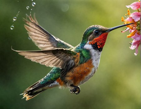 breathtaking  . award-winning, professional, highly detailed, morning  (f_stop None), (focal_length None) f/8, macro lens      Apply a dawn LUT for a dawn look , Hummingbird  extreme close-up, hovering flower, ultra-detailed, realistic, shimmering feathers, vibrant colors, delicate dew drops, soft-focus background, sunlit petals, intricate textures, nature's marvel, macro photography, crystal-clear, lifelike, John James Audubon inspired