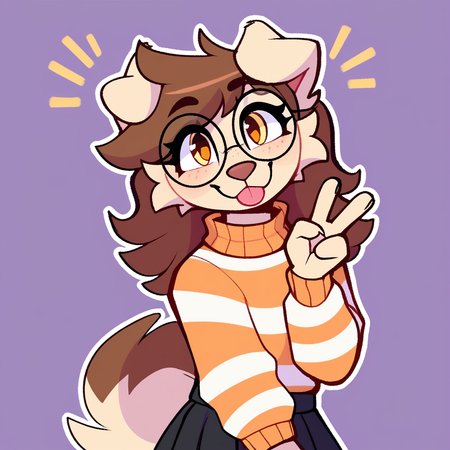 score_9_up, score_8_up, score_7_up, score_6_up, by remanedur, half-length portrait, brown hair, round glasses, furry female, dog, female, furry, floppy ears,  yellow eyes, looking at viewer, solo, smile, happy, gesture, v sign, blep, tongue, three-quarter view, head tilt, sweater, orange striped sweater, black skirt, black socks, thigh socks, tail, simple background, white outline, <lora:Leah_Pines(AIM)_XL_v1:0.25> <lora:PDXL_artist_tags_v2_big:0.6> <lora:The-Minuscule-Task_PDXL_v1.0:0.6>  <lora:Buttercup_Jayrnski:0.5>