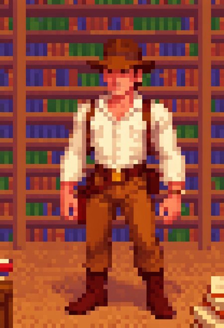 pixel art PixArFK
lucasarts style,  
  indiana jones in a library 
masterpiece, best quality, high quality,