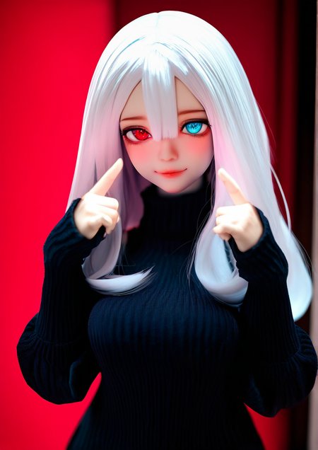 <lora:MYOU_DOLL:1>,1girl, adult, young adult, black sweater, blue eyes, blurry, closed mouth, hair between eyes, hands up, heterochromia, index finger raised, long hair, long sleeves, plaid, red eyes, signature, sleeves past wrists, smile, solo, sweater, turtleneck, turtleneck sweater, upper body, white hair, 
very awa, masterpiece, best quality, newest, highres, absurdes,amazing quality