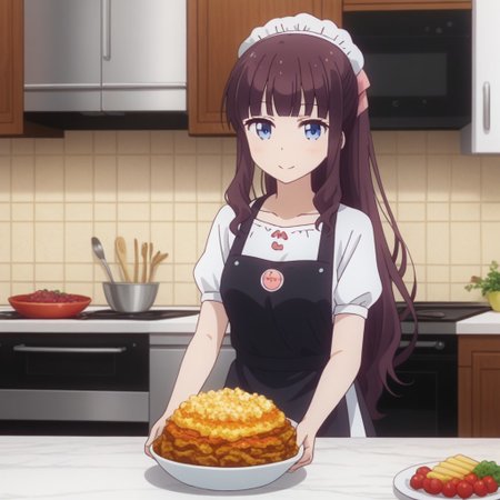 hifumi takimoto, solo, 1girl, apron, cooking, kitchen, (smiling:0.5),,
delicious food, beautiful food,colorful food,,
looking at viewer,, 2D, anime style, anime coloring,,masterpiece, best quality, absurdres, very aesthetic