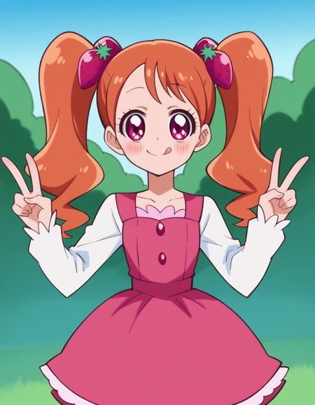 score_9, score_8_up, score_7_up, source_anime,
<lora:ichika-usami-anime-ponyxl-lora-nochekaiser:1>, ichika usami, hair ornament, twintails, pink eyes,
orange hair, long sleeves, dress, pink dress, food-themed hair ornament, strawberry hair ornament,
outdoors, smile, blush, v, v over eye, tongue,
looking at viewer, cowboy shot, dutch angle, solo,