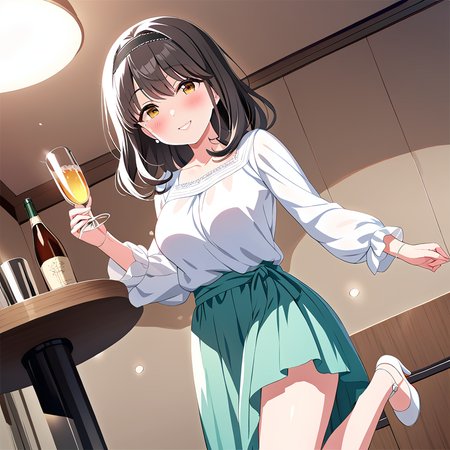 masterpiece,saeki haruko,1girl,solo,blush,casual hairband,casual3 blouse,casual3 skirt,white high heels,smile,looking at viewer,<lora:SaekiHaruko:0.8>,Cinematic Lighting,drunk,standing,indoor,clubroom,