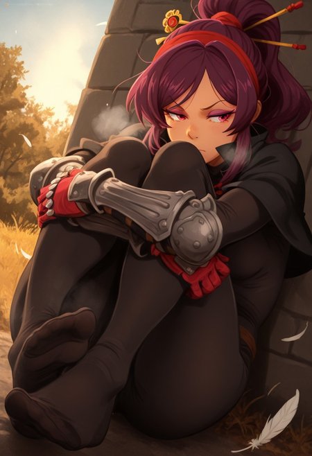 khyle,  outdoors, undershirt, falling feathers, black bodysuit, hair stick, hugging own legs, , gauntlets,   eyeshadow,   red gloves,  high ponytail,  , black capelet, red hairband, pink eyes, 1girl, solo, feet, visible breath,   dynamic angle, foreshortening, smell, steam,