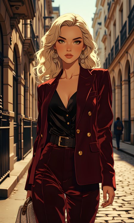 A woman with platinum blonde hair styled in loose waves. She has a confident and poised demeanor, walking down a narrow street.
Her facial expression is serious and composed. Her gaze is directed straight at the camera, giving an air of intensity and focus. The soft lighting highlights her features, adding to the overall elegance.
She is walking with one hand holding a small, glittery handbag by her side. Her posture is upright and graceful, conveying a sense of confidence and purpose. The way she carries herself suggests she is comfortable and at ease in her surroundings.
She is wearing a bold, maroon velvet blazer paired with a black top and high-waisted trousers. The blazer is tailored and fits well, enhancing her professional and stylish appearance. A wide belt cinches her waist, adding a touch of definition to her silhouette. Her large, dangling earrings add a glamorous element to her outfit.
The camera is positioned at eye level, capturing the woman from a frontal perspective as she walks towards the camera. This angle allows for a clear view of her face and upper body, emphasizing her pose and attire. The framing focuses on her, with the background serving as a complementary element.
The lighting in the image is soft and diffused, likely from natural daylight filtering through the narrow street. The light highlights her features and the details of her clothing, creating gentle shadows that add depth and dimension. The interplay of light and shadow enhances the texture of the velvet blazer and the smoothness of her skin.
The background features a narrow street lined with buildings that have large windows and ornate facades. The cobblestone pavement adds a classic and timeless feel to the scene. The blurred effect of the background helps keep the focus on the subject while still providing context.
The composition is dynamic, with the woman centered in the frame as she walks towards the camera. The narrow street and the buildings on either side create strong vertical lines, leading the viewer's eye towards the subject. The overall composition captures a moment of quiet confidence in an urban setting, with the subject's pose and expression drawing the viewer in.
BREAK anime, d13s3lp2nk, bboil artist style, OBdonman, Anime art, <lora:FLUX\Anime Art V3:0.2>, <lora:FLUX\Synesthesia:0.2>, <lora:FLUX\RetroAnimeS1.1:0.5>, <lora:FLUX\Flux-jijia:0.1>, <lora:FLUX\It's a LoRA for portraits, BUT! actually specialized in backgrounds. v1.0:0.1>, <lora:FLUX\GLSHS:0.2>, <lora:FLUX\Dieselpunk Delight - s0_9 g4:0.4>, <lora:FLUX\OBdonman, anime0style portrait:0.1>