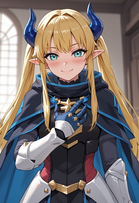 score_4,score_5,score_6,score_7_up,score_8_up,score_9 ((masterpiece,best quality,ultra detailed,highres,HD,4k:1.2)), 
((shining highlights)),
1 cute girl,solo,girl focus,solo focus,face focus,
indoors,
very long hair, yellow hair, aqua eyes, Twin tails, blue horns, two horns,side locks, sidelocks, elf ears, 
cape, cloak, armor, spikes, gauntlets,
looking at viewer,blush,proud smile, cheeky smile,doyagao,