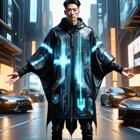 hyper detailed masterpiece, dynamic, awesome quality,DonMT3chW0rldXL roomy upper body clothing,  levitating composite,  nanofiber-reinforced plastics, dolman sleeves, high-low hemline, drop waist, tinted wash,,chest pockets,,high slit, zipper closure <lora:DonMT3chW0rldXL-000009:1>,