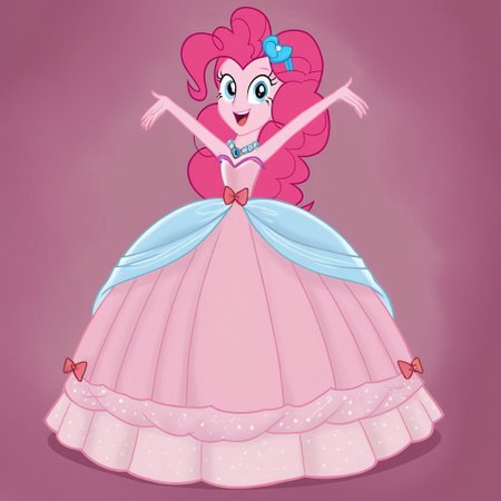 pinkie pie, solo, 1 girl, blunt bangs, Blue eyes, long hair, makeup, pink hairband, Very long large straight tulle pink princess ball gown hoop skirt, ball gown hoop skirt, pink princess dress, hoopdress, my big princess gypsy wedding dress, ballgown, a girl in a dress posing for a picture, wearing a sleeveless ballgown, looking at viewer and smiling, blowing kisses