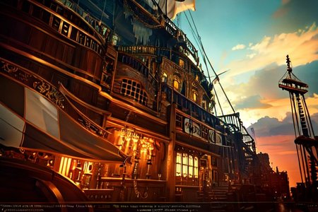 Flying pirate ship PiRe in steampunk style. There is a large robotic dragon head on the front of the ship. mechanic, android, realistic,  highly detailed technical, beautiful, gorgeous, dramatic lighting, golden ratio, Intricate details, 8K, ultra realistic, photography, RTX, light mode, octane render, morbide, HDR, trending on artstation,
