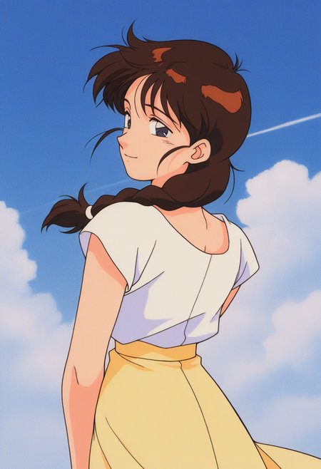 masterpiece, best quality, source_anime,official art,perfect_anatomy,1990s_\(style\),retro_artstyle,1girl,solo,Yu Izumi,brown_hair,long_hair,twin_braid,shirt,looking_at_viewer,smile,profile,back,hip,long skirt,from behind,cowboy shot,day,blue_sky,cloud