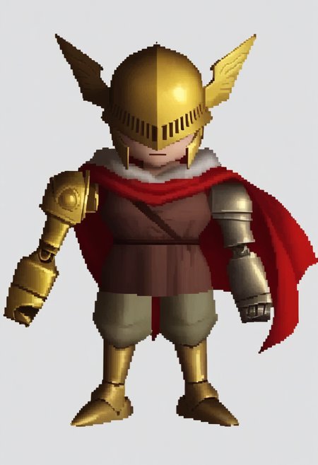 score_9, score_7_up BREAK  ffviichibis, chibi, standing, full body, white background,MaleniaDef, red hair, covered eyes, helmet, fur trim, brown dress, red cape, armor, single scar on arm, single mechanical arm, mechanical leg <lora:Malenia_pdxl_Incrs_v2:0.7>  <lora:zs_FFVIIChibisXL_1:1.2>