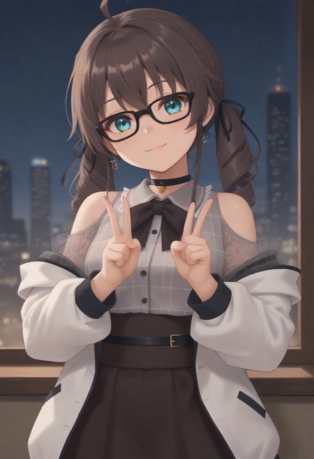 1girl, solo, solo focus, highres, absurdres, MatsuriMineGirl, brown hair, bangs, grey shirt, ahoge, twintails, black ribbon, black choker, hair between eyes, hair ribbon, brown skirt, shoulder cutout, collared shirt, flower earrings, black bowtie, blue eyes, white jacket, see-through sleeves, lace sleeves, plaid shirt, high-waist skirt, puffy short sleeves, medium hair, open jacket, small breasts, long sleeves, drill hair, black-framed eyewear, braid,
looking at viewer, evil smile, closed mouth, head tilt, double v,
indoor, cityscape, neon lights, window, dark, night, night sky, 
light particles, backlighting, shade, light rays, lens flare, shiny skin, fine fabric emphasis,