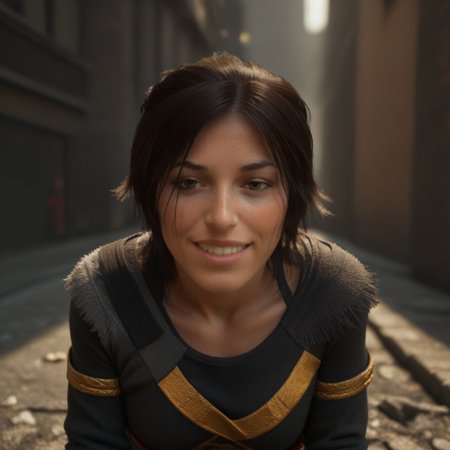 Lara croft, tomb raider, outside in city, sitting, jacket and shirt, happy, pov body, pov close, head shot, smiling