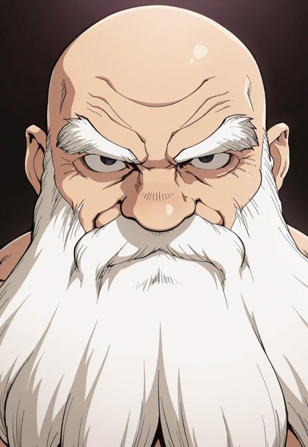 solo, masterpiece, detailed, uwa, huge filesize, ultra hd, best quality, (absurdres, highres), 1boy, official art, bright, male

DrStoneKaseki, white hair, old man, beard, bald, muscular, portrait, headshot, looking at viewer, smiling, one black eye, happy