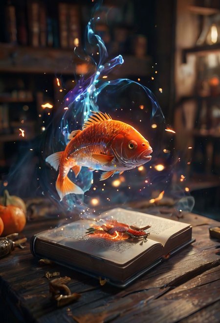 amazing quality, masterpiece, best quality, hyper detailed, ultra detailed, UHD, perfect anatomy, magic world), fish in the air, spell magic to get fresh fish as food,( fish jumping from magic book:1.3), energy flow,  holding magic book, magic book on one hand, spell magic, <lora:add-detail-xl:1.0>, extremely detailed, <lora:glowneon_xl_v1:0.75> glowneon, glowing