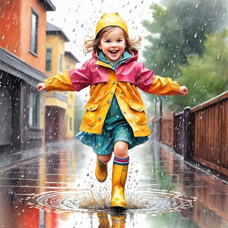 Pencil drawing, warm colors, young child jumping in a rain puddle, she wears rain boots, she wears colorful children's clothing, being happy and innocent,