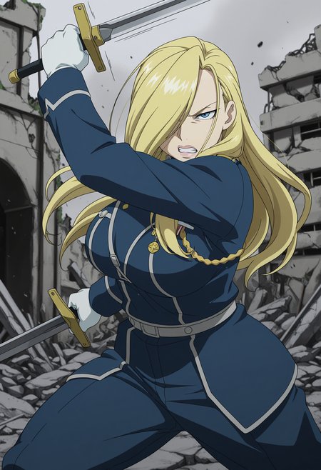 1girl,solo,mm,mature female,blonde hair,long hair,hair over one eye,blue eyes,lips,large breasts,anime coloring,
military uniform,gloves,holding sword, dynamic pose, ruins,outdoors,motion lines, clenched teeth, 
,masterpiece,best quality,amazing quality,<lora:Olivier_Mira_Armstrong-Fullmetal_Alchemist_IL:0.8>