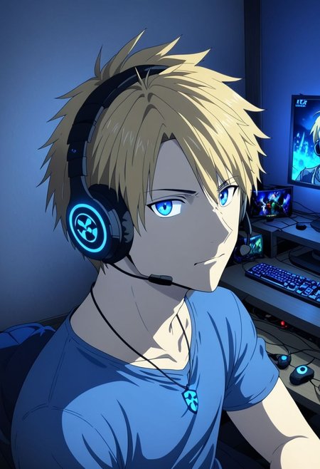 high resolution, solo, best quality, 1Boy, Yamato Ishida, Blond Hair, Blue Eyes, Necklace, gamer, bedroom, night, pc, sit, headset, potrait, OverallDetail