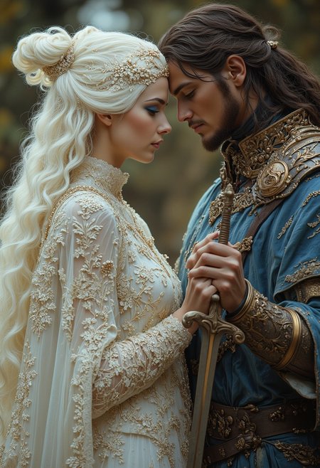fantasy. a male warrior. sword in hand. standing in front of a beautiful princess. Princess standing in a transparent, elfin white dress. from face to face. eyes closed. complex patterns on the dress. white wavy long hair. blue eyes. goddess. love.
perfection style, vivid colors, colorful, focus on face, aidmaMJ6.1, hug, man with brown hair
