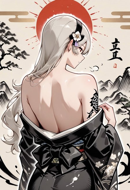masterpiece,best quality,amazing quality,newest,absurdres,highres, newest,very awa, ,sumi-e ,ink wash painting,
from behind, upper body,
1girl, corrin, beautiful face, perfect eyes, detailed eyes,mature female,
messy silver hair,straight hair, blunt bang,hair down,
red eyes,looking at viewer, 
dragon tattoo,,black bow, hair ornament, tsumami kanzashi, ิblack kimono,kimono pull ,neck focus,
,intricate details, dark background, (painting background:1.4),(red sun),egasumi ,ink stroke, (calligraphy:1.5) ,tree