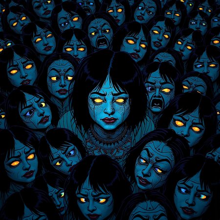 GLOW,intricate tetradic colors in every details,FLUORESCENT,asian woman, A dense agglomeration of stylized, meticulously crosshatched faces, their expressions vacillating between muted anguish and fervent cries. Rendered in stark monochrome, the image evokes a claustrophobic unease. The uniformity of their pallid visages, contorted in silent pleas or swallowed by the throng, suggests a collective experience of overwhelming despair or societal pressure. The lack of background further amplifies the sense of isolation and emphasizes the raw emotionality of the faces. A chilling commentary on human suffering, the composition is devoid of hope, leaving the viewer to contemplate the source and depth of their collective torment.